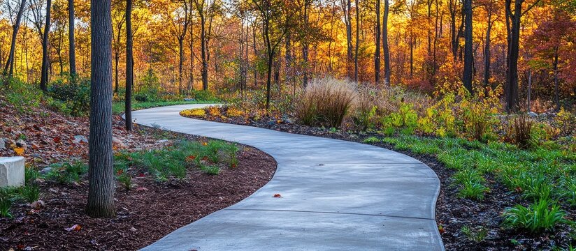 A winding concrete path leads through a scenic autumn forest, with vibrant foliage adding color to the landscape.