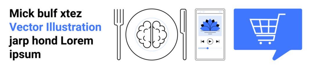 Fork, knife, brain on a plate, smartphone with audio app, speech bubble with shopping cart. Ideal for technology, education, online shopping, food industry, communication, user interface, modern