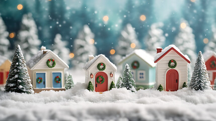 A serene winter landscape featuring a snow-covered forest backdrop and a cozy Christmas village with colorful decorations and wreaths on doors 
