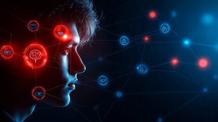 Obraz premium Neon Silhouette of Human Profile with Notification Bubbles
