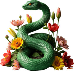 A bright green snake coiled among delicate flowers and leaves on a transparent background. The illustration symbolizes harmony and beauty in honor of the Year of the Snake in the Eastern calendar.