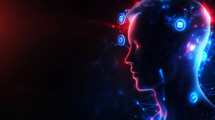 Neon Human Profile with Notification Bubbles in Dark Background