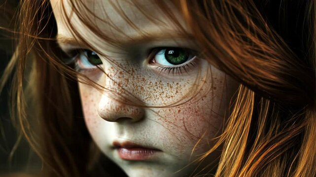 A young girl with red hair and freckles looks intently into the camera