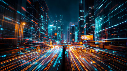 Futuristic City With Dynamic Light Trails And Skyscrapers At Night, Representing Speed And Urban Technology. Generative AI