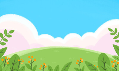 Naklejka premium spring outdoor blue sky grassland landscape illustration
