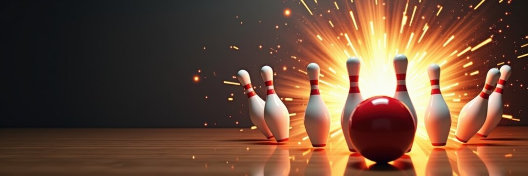 Exciting bowling scene with a striking red ball and pins, capturing the thrill and energy of the game. Perfect for sports promotions or entertainment themes.