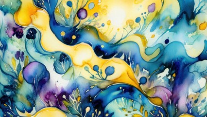 Vibrant abstract watercolor artwork featuring swirling shapes in blue and yellow tones, enhanced with playful bubbles and organic forms. Perfect for modern décor