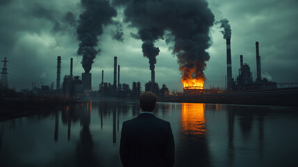 Business figure confronting a dystopian world of factories spewing out smoke and fire representing the environmental cost of boundless production, resource depletion, and environmental destruction