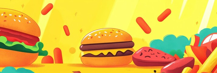 Colorful illustration of burgers and snacks on a vibrant background.