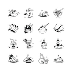 Vibrant vector illustrations of various foods and beverages, ideal for menus, recipes, and culinary themed designs
