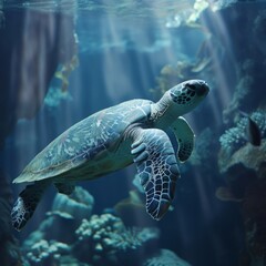 Obraz premium a sea turtle swimming in the water