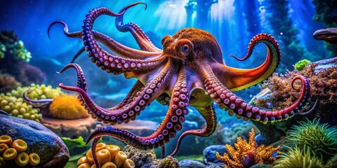 Obraz premium Giant Octopus Spreading Tentacles Across Glass Aquarium Wall, Captivating View of Marine Life, Vibrant Colors, Underwater Scene, Perfect for Nature Enthusiasts and Aquatic Displays