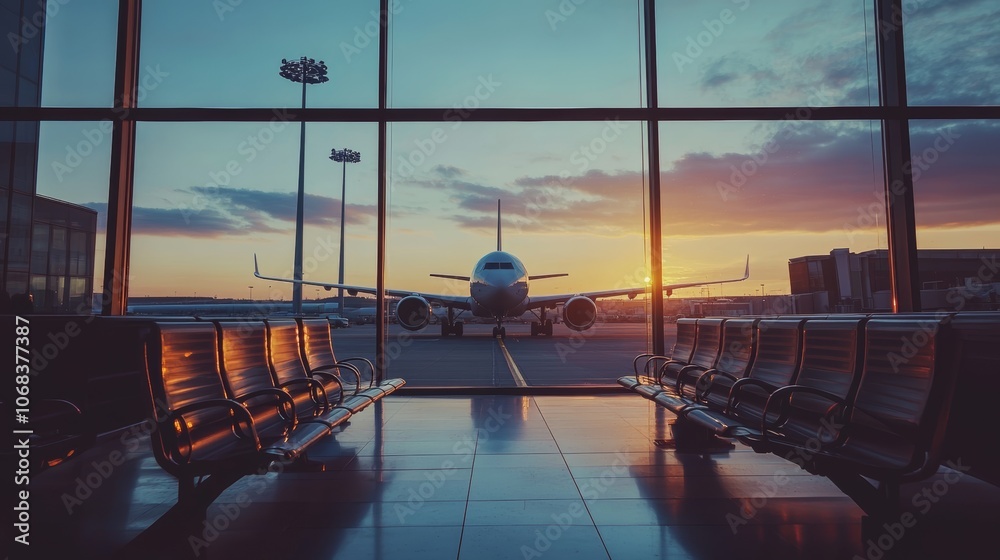 Poster airplane is standing on the tarmac outside an airport gate, being prepared for boarding as the sun s