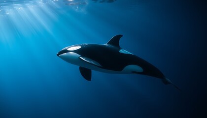 Orca Swimming in Sunlight Underwater,