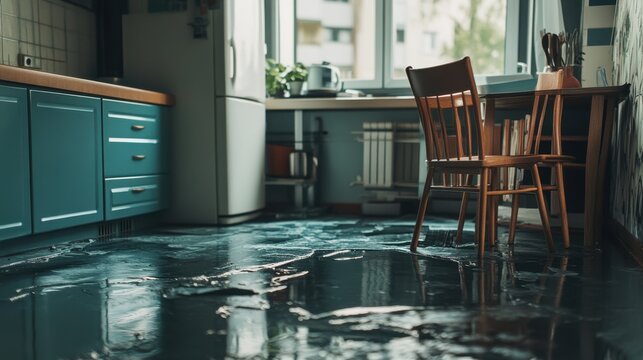 Flooded kitchen with chairs. This image represents a flooded kitchen, showcasing the devastating effects of water damage and highlighting the need for insurance and water damage repair services.