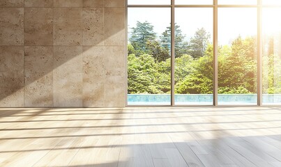 Modern interior of an empty room with large windows and light wood flooring. The walls are made from sandstone cladding, and a light blue pool is visible outside the window