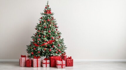 Christmas tree decorated with red ribbons and baubles, surrounded by wrapped presents, with a soft-focus copy space.