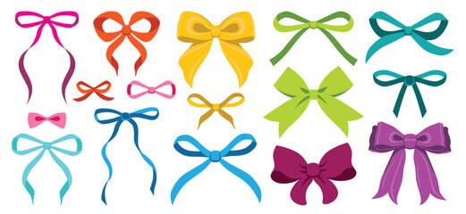 Set of various rainbow color bows, gift ribbons. Bowknots hand drawn, flat style. Fashionable vector illustration. Hair accessories. Bow knots for gift wrapping. Gift bows, magic bow illustration