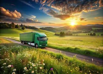 Green Transport Truck Driving Through Lush Meadow at Sunrise, Capturing the Essence of Eco-Friendly Transportation and Nature's Beauty in Low Light Photography