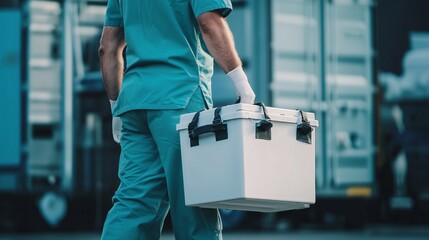 Medical professional carrying a cooler for organ transport, symbolizing organ preservation and transplantation logistics.