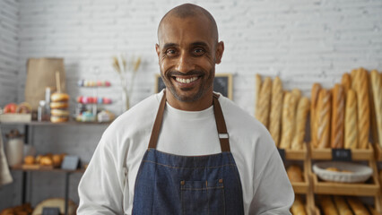 Handsome man smiling in a bakery shop with shelves of fresh bread loaves in the background