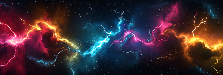 Multi-colored lightning, panorama wallpaper, the beauty of natural phenomena