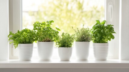 Fototapeta premium Bright kitchen filled with fresh herbs, creating a vibrant and inviting cooking atmosphere.