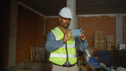 Man wearing helmet and vest taking photo at construction site.