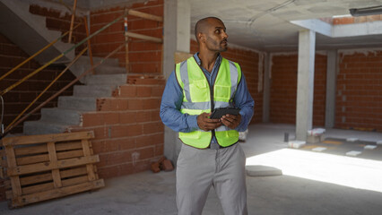 Young, african american man in a reflective vest stands in a partially constructed building, holding a tablet and looking thoughtful at the construction site.