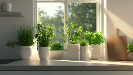 Fototapeta premium Bright kitchen filled with fresh herbs, creating a vibrant and inviting cooking atmosphere.