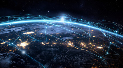 A blue glowing digital earth with lines connecting continents.
Mapping the Digital Landscape, Network of Connectivity, Cyber Technology for Information Exchange and Telecommunication,
