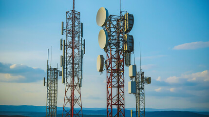 Telephone and microwave towers with tangled cables and a bright sky in the background, Telecommunication tower antenna in morning sky Evening sky.