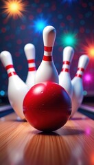A vibrant bowling scene featuring a striking red ball headed towards white pins, set against a colorful, festive background. Perfect for leisure and entertainment themes.