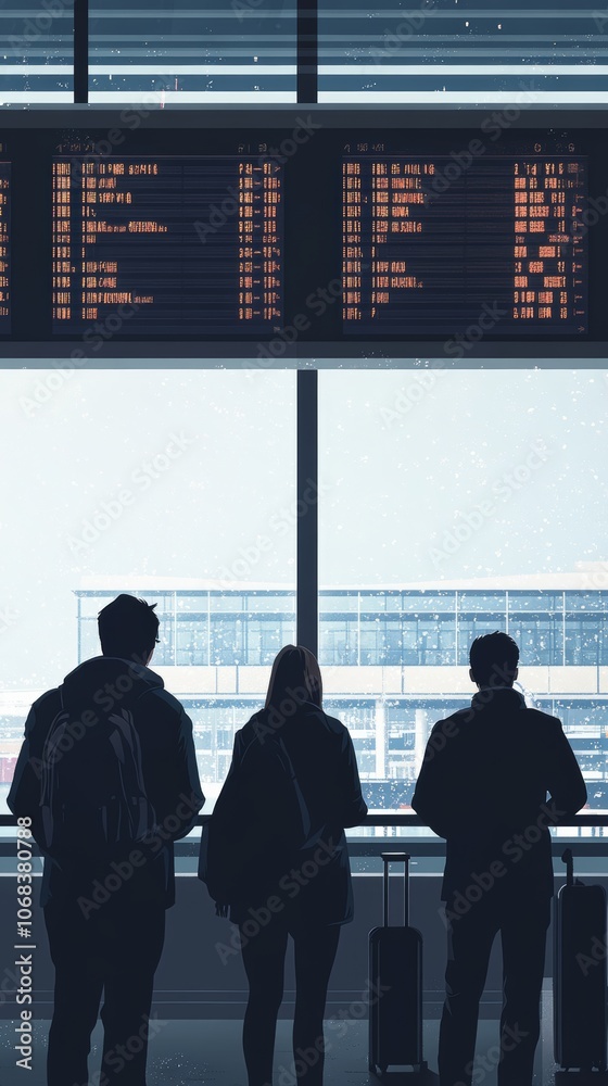 Poster passengers eagerly wait at airport terminal, peering through window with luggage, anticipating adven