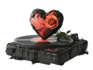 A cracked, charred heart with a single rose rests on a vintage record player, dripping with dark liquid, isolated on a transparent background.