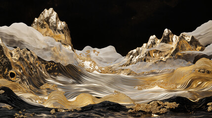 Glistening gold silver abstract mountain cloud scenery,ethereal landscape,contemporary art premium wall decor,elegant nature illustration prints,breeze,cliff,clipart,tree,luxury,rock,traditional