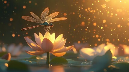 A close-up of a dragonfly hovering above a blooming lotus flower, with its wings shimmering in the sunlight