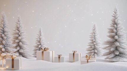 Christmas gifts and snowy fir trees creating a festive atmosphere