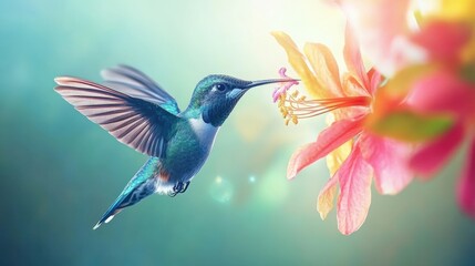 Obraz premium A close-up of a hummingbird feeding from a brightly colored flower, its wings a blur in motion