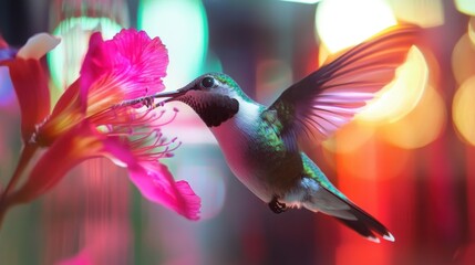 A close-up of a hummingbird feeding from a brightly colored flower, its wings a blur in motion