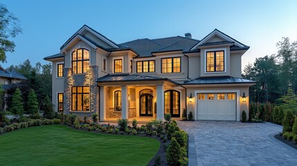 Fototapeta premium Elegant luxury mansion with classic architectural elements, large windows, landscaped garden, and warm evening lights, showcasing an inviting and grand residential exterior.