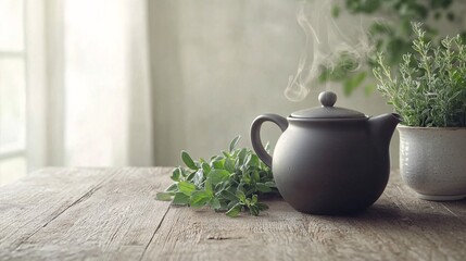 Steaming Cup of Herbal Tea on Wooden Table