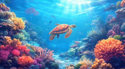 A coral reef with sea turtles swimming through bright coral formations, highlighting the diversity