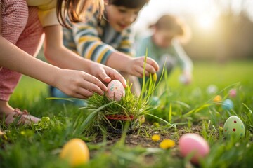 Small children collecting Easter eggs hidden in the grass on a sunny field. They smile with excitement as they find colorful eggs, creating a festive and joyful Easter atmosphere.