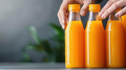 Concept of a shopper selecting an item in a grocery store. A close-up of hands arranging bottles of vibrant orange juice against a soft, green background