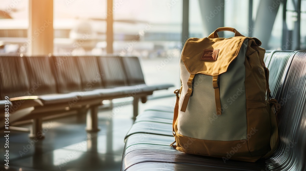 Aufkleber backpack is resting on empty seats in an airport terminal, bathed in warm sunlight streaming through