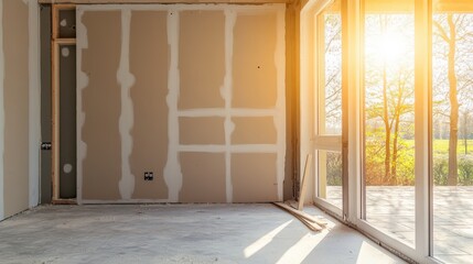 Bright, unfinished interior space with drywall and large glass doors, bathed in warm sunlight, offering a glimpse of the construction progress in a peaceful natural setting.