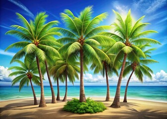 Vibrant Cartoon Palm Trees in a Tropical Landscape with Green Fronds and Brown Trunks, Perfect for Summer Vibes and Beach Aesthetics