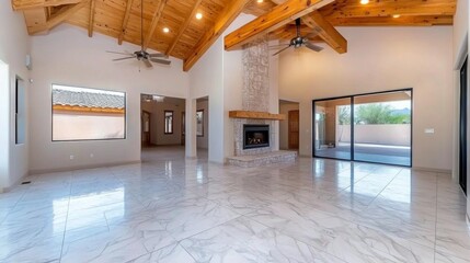 Luxury Home Interior Spacious Living Room with Fireplace High Ceilings and Marble Floors