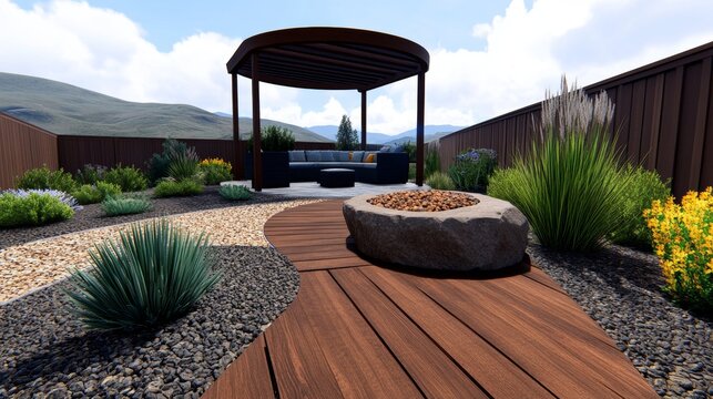 Modern Backyard Oasis Stone Fire Pit Wooden Deck Landscaping Design